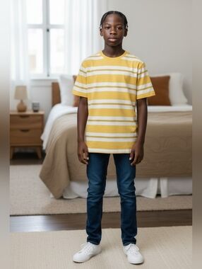 Wonder Nation Yellow/White Striped Short Sleeve Casual Shirt EUC Size Small 6-7